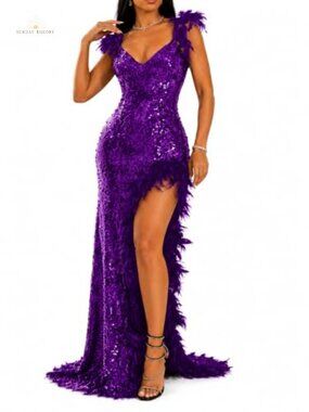 Sequin Formal Prom Dress with Feather Trim High Slit Backless